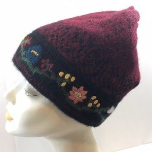NWT Alpaca Embroidered Leaf Hat Burgundy Fleece Lining